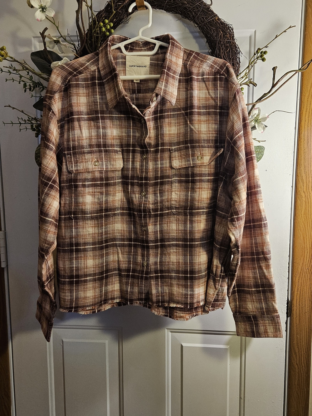 Lucky Brand Women's Rust and Cream Plaid Button-Down Shirt